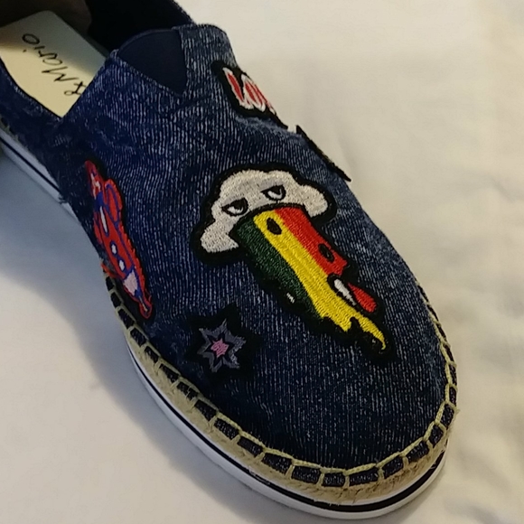 Denim Slip On Espadrille "LOVE" "GET ME A PIZZA" - Picture 11 of 11